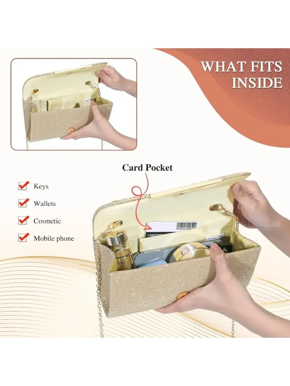 Women's Gold Glitter Clutch Purse Formal Evening Bag Wedding Party Handbag